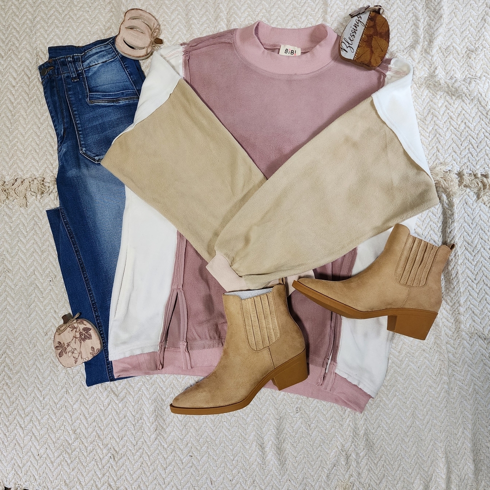 BiBi Multicolor Raw Stitch Mineral Wash Boho Bubble Sleeve Pullover Sweater